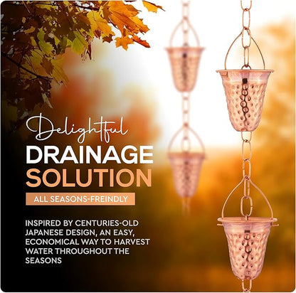 Copper Hammered Rain Chain – Decorative Chimes & Cups Replace Gutter Downspout & Divert Water Away from Home for Stunning Fountain Display – 6.5’ Long for Universal Fit – Bell Style