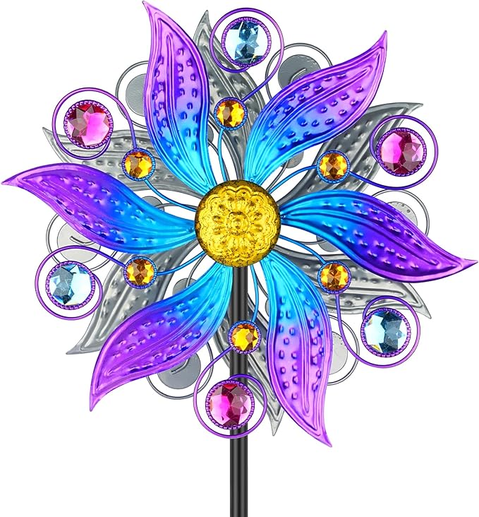 Metal Wind Spinner Outdoor, Purple Flowers Wind Sculpture Spinners with Metal Stake, Yard Art Decor for Patio, Lawn & Garden, Creative Gifts 57.5 * 13.3 Inch