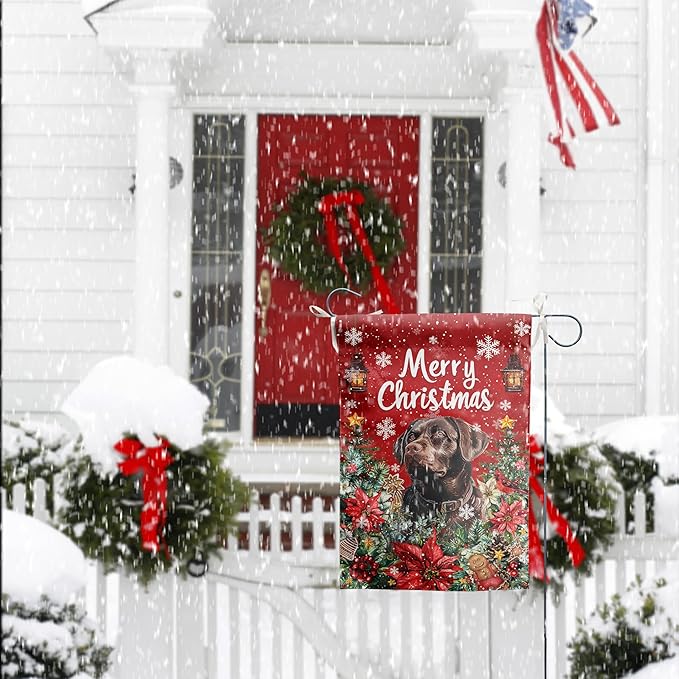 Christmas Chocolate Lab Garden Flag Merry Christmas Labrador Dog Yard Flag for Outside Xmas Flags 12x18 Double Sided Red Poinsettia Garden Flags Winter Porch Outdoor Decor