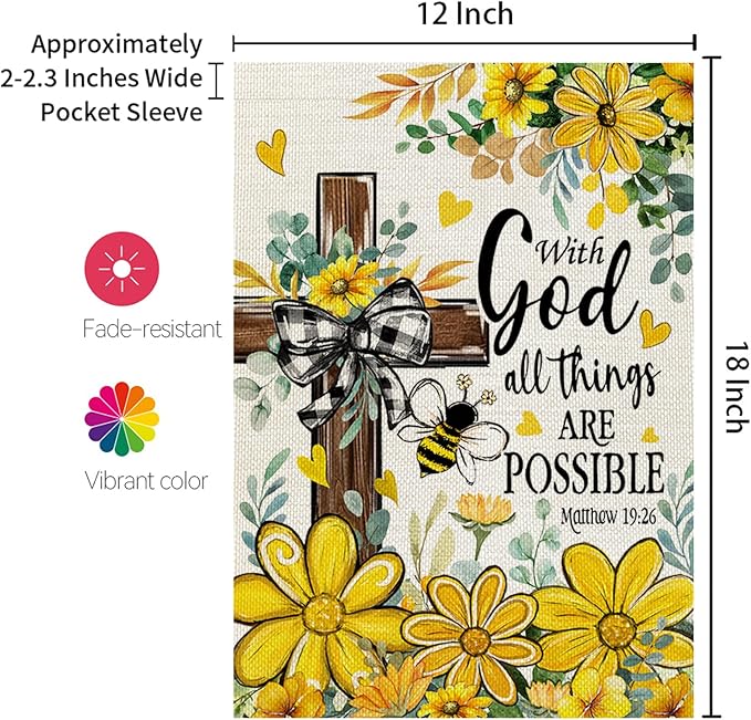 CROWNED BEAUTY Summer Garden Flag Floral Cross God 12x18 Inch Double Sided Small Yellow Seasonal Holiday Decoration for Outside Yard