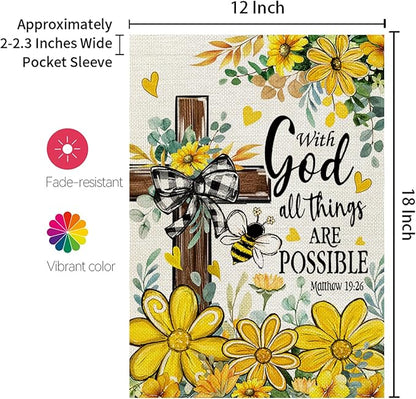 CROWNED BEAUTY Summer Garden Flag Floral Cross God 12x18 Inch Double Sided Small Yellow Seasonal Holiday Decoration for Outside Yard