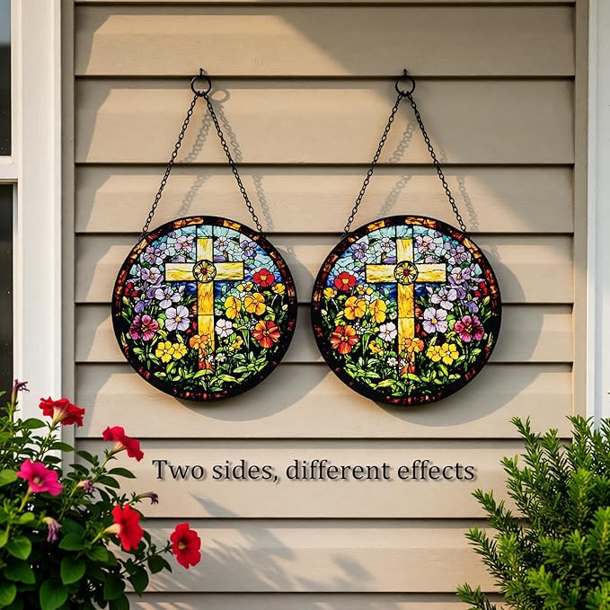 Stained Glass Window Hanging - Cross and Wildflowers Suncatcher, Sun Catchers Decor for Window Hanging, Gifts for Religious, Christian, Easter Faith Home Decor 7.8in