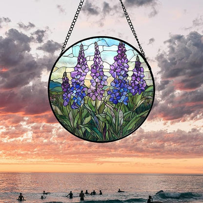 Stained Glass Window Hanging - Purple Delphinium Birth Flower Suncatcher for Door Garden Patio Sun Catchers Decor Christmas Mother's Day Birthday Gifts for Women Mom Nana Friend 11.8 in