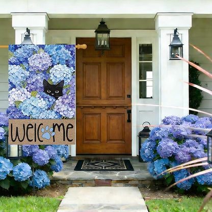 Louise Maelys Spring Summer Garden Flag Black Cat Hydrangea Flower Welcome Double Sided 28x40 Inch Floral Paw Print Seasonal Large Burlap Holiday Yard Outdoor Outside House Decor