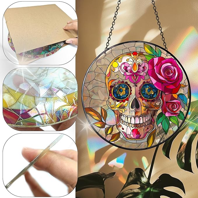 VAIIEYO Skull Rose Acrylic Sun Catcher Window Hanging Decoration, 7.8 Inch Double-Sided Light Reflecting Ornament for Window, Garden, Porch or Balcony Decor, Housewarming, Gift for Natural Lovers