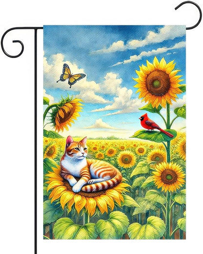 BlissYard Spring Cat Garden Flag 12x18 Inches Double Sided Cardinal Sunflower Butterfly Welcome Yard Flags Summer Seasonal Flower for Outside Decor Home Farmhouse Holiday Decorations