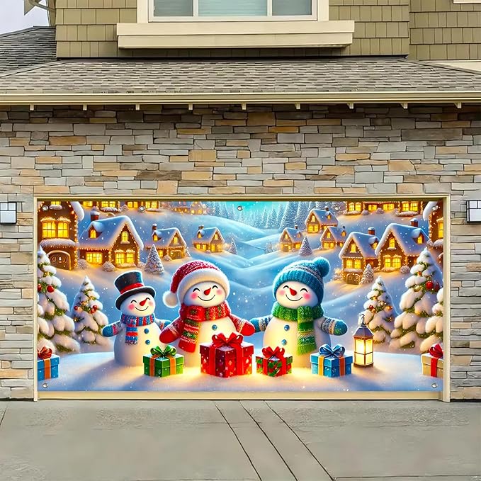 HOMETITUTE Christmas Garage Door Banner 13x6ft Snowman Family Winter Village Scene Holiday Backdrop Red Green Blue Gift Box Lantern Indoor Outdoor Wall Hanging Seasonal Porch Decoration Party