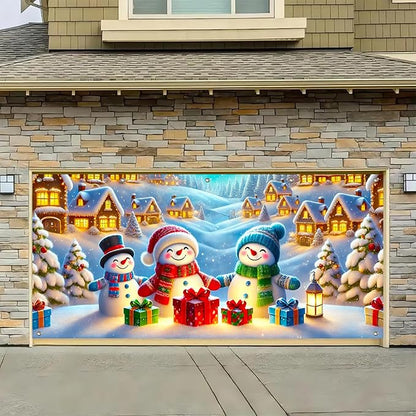 HOMETITUTE Christmas Garage Door Banner 13x6ft Snowman Family Winter Village Scene Holiday Backdrop Red Green Blue Gift Box Lantern Indoor Outdoor Wall Hanging Seasonal Porch Decoration Party