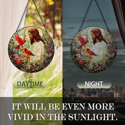 Jesus Cardinal Suncatcher Stained Glass Window Hanging, Christian Jesus Cardinal Flower Sun Catchers Indoor Window Glass Round Wall Decor, Religious Wall Art Hanging Decorations, 7.8＂x7.8＂