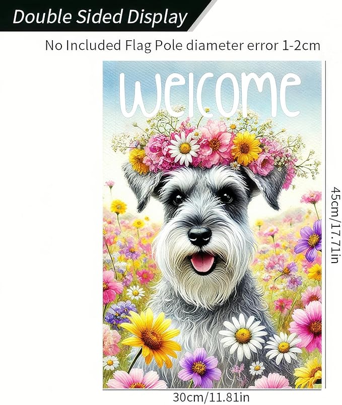 BlissYard Welcome Spring Summer Garden Flag 12 X18 Inch Double Sided FlowersDog Schnauzer Decorative Garden Flag Puppy Floral Seasonal Home Decor Banner for Oursid Outdoor Spring Garden Decor