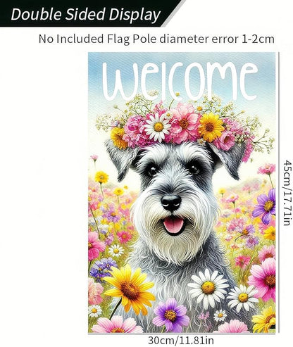 BlissYard Welcome Spring Summer Garden Flag 12 X18 Inch Double Sided FlowersDog Schnauzer Decorative Garden Flag Puppy Floral Seasonal Home Decor Banner for Oursid Outdoor Spring Garden Decor