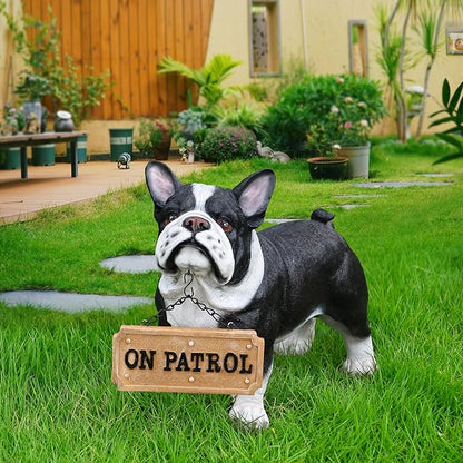 Playful Standing French Bulldog Sculpture with Solar Lantern & Double-Sided 'On Patrol' and 'Welcome' Signposts – Whimsical Resin Statue for Garden, Yard, and Patio