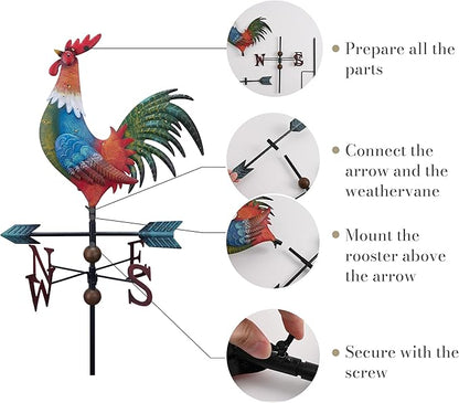 TERESA'S COLLECTIONS Garden Decor with Solar Outdoor Lights, Red Rooster Yard Art Sign for Outside, 39.4'' Metal Weathervane Decorative Garden Stake for Outdoor Decor Lawn, Gifts for Mom