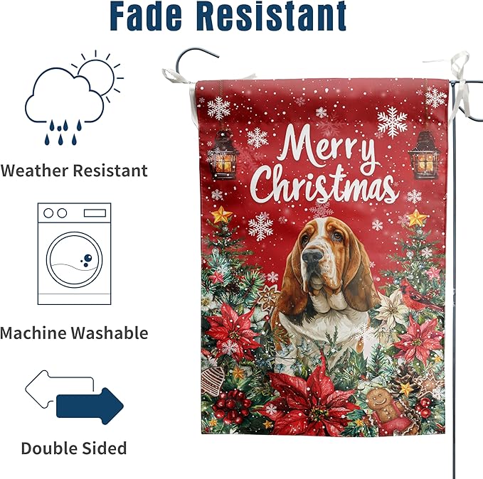 Christmas Basset Hound Garden Flag Merry Christmas Dog Yard Flag for Outside Xmas Flags 12x18 Double Sided Red Poinsettia Garden Flags Winter Porch Decorations Outdoor