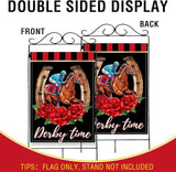 Artofy Derby Time Horse Racing Large Decorative House Flag, Kentucky Jockey Rose Flower Black Red Yard Garden Outside Decor, Horseshoe Burlap Outdoor Home Decoration Double Sided 28 x 40