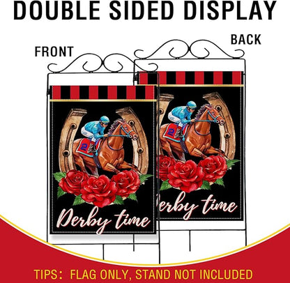 Artofy Derby Time Horse Racing Large Decorative House Flag, Kentucky Jockey Rose Flower Black Red Yard Garden Outside Decor, Horseshoe Burlap Outdoor Home Decoration Double Sided 28 x 40