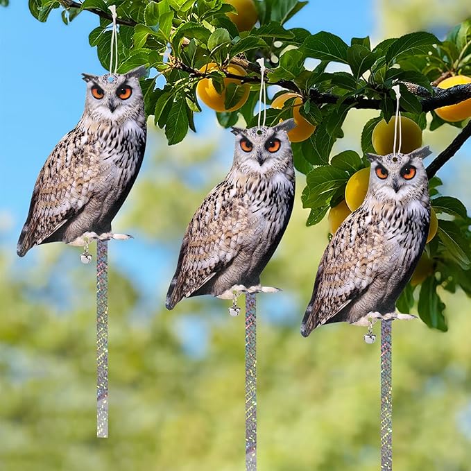 4PCS Fake Owls Plastic Owl Hanging Flat Garden Owl with Reflective Tape for Balcony House Windows Outside Porch Yard Decor