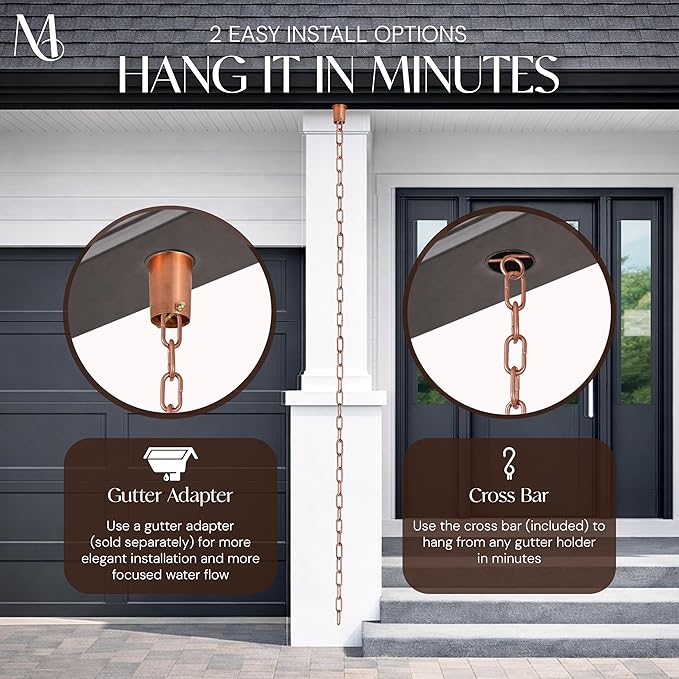 Monarch Rain Chains Aluminum Trad Link Brushed Copper Rain Chains for Gutters – 8.5 ft Decorative Rainchain Outdoor Durable Heavy Duty Gutter Chain Downspout, Modern Rainchains for Outside