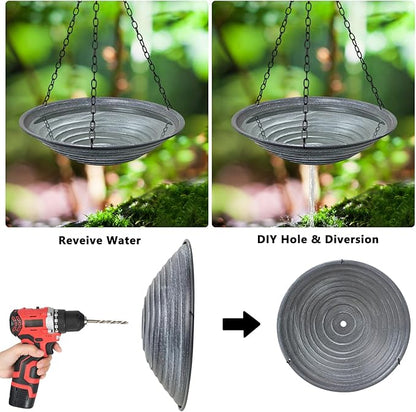 13 inch Rain Chain Basin, Metal Rain Chains Anchoring Bowl Dish, DIY Rain Chain Basin for Gutter Downspout, Hanging Birdbath for Outdoor Garden Patio Decor, Grey