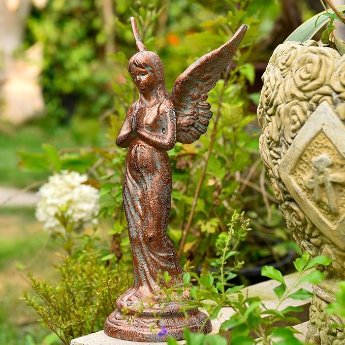 Sungmor Vintage Cast Iron Angel Statue - Rustic Decorative Figurine for Garden, Shelf or Mantel - 14.5" Tall Heavy Duty Patina Finish, Indoor/Outdoot Angel Sculpture