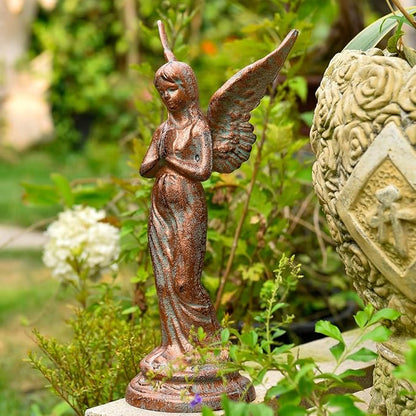 Sungmor Vintage Cast Iron Angel Statue - Rustic Decorative Figurine for Garden, Shelf or Mantel - 14.5" Tall Heavy Duty Patina Finish, Indoor/Outdoot Angel Sculpture