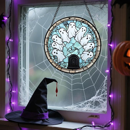 Stained Glass Window Hanging - Halloween Decorations Ghosts Tombstones Suncatcher for Doors Garden Indoor Spooky Funny Sun Catchers Gothic Decor Horror Gifts for Women Men Friend 6.3 in