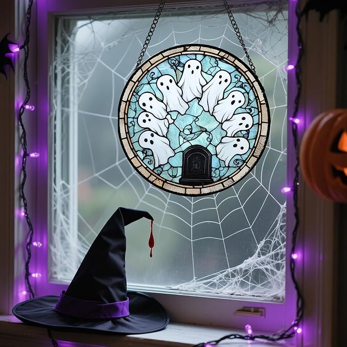Stained Glass Window Hanging - Halloween Decorations Ghosts Tombstones Suncatcher for Doors Garden Indoor Spooky Funny Sun Catchers Gothic Decor Horror Gifts for Women Men Friend 7.8 in
