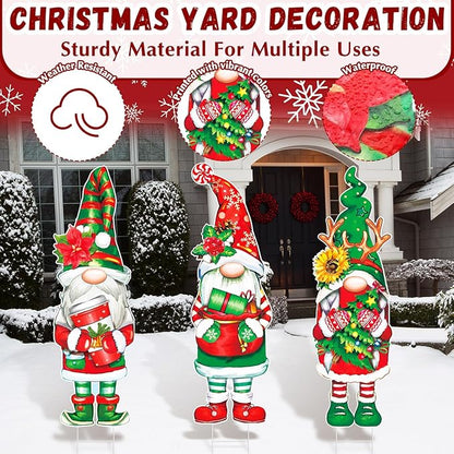 Umigy 3 Pcs Christmas Yard Sign Outdoor Gnome Signs With Stakes 32 x 10'' Santa Decorations Xmas Pathway Walkway Decor Eve Party Favors for Lawn Garden Patio