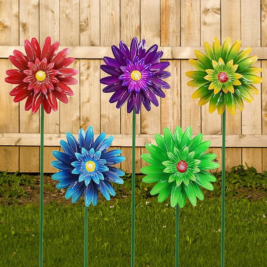 Metal Flower Wind Spinner Garden Lawn Stakes Yard Art, 27 inch Lawn Windmill Ornaments Outside Garden Decorations Outdoor for Yard, 5 Pieces Windmill Gardening Porch Outdoor Valentines Decoration Gift