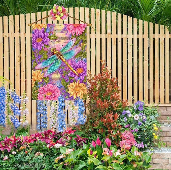 Spring Dragonfly House Flag 28 x 40 Double Sided Outside, Large Floral Flowers Yard Outdoor Flag for Summer Holiday Yard Porch Decor