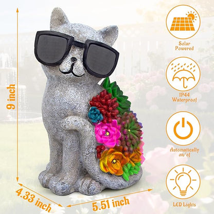 Solar Garden Statues Cat with Succulent and LED Lights Birthday Gifts for Women Mom Grandma Outdoor Decor for Patio Backyard Yard Lawn Decoration Unique Housewarming Gifts