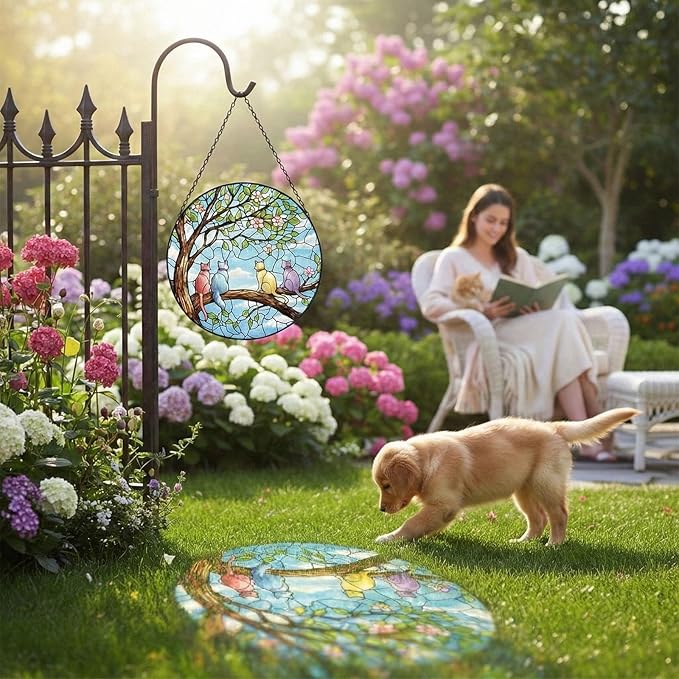 Sun Catcher Stained Glass Window Hanging, 7.8 Inch Spring Scene with 4 Cats on Branch, Hanging Ornament for Window Door Decor, Birthday Gift for Cat Lovers Women Mom Grandma