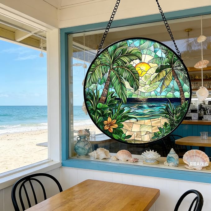 DASTOLL Stained Glass Window Hanging, Green Beach Scenery Suncatcher Diamond Glass Panel Hangings Sun Catchers Decor for Birthday for Women, Men, Wife, Aunt, and Mom 14.9x14.9 in
