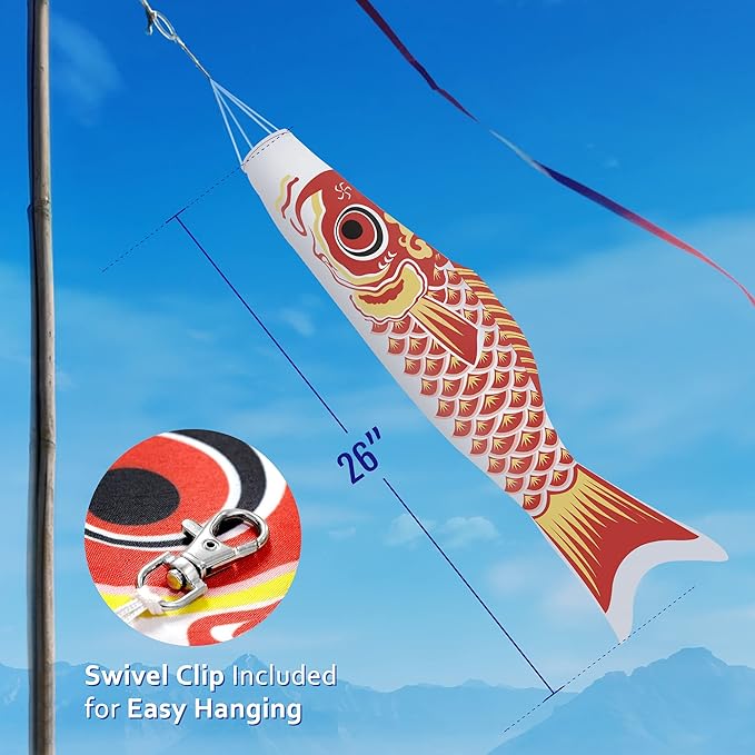 Anley 26 Inch Japan Koi Fish Flag Carp Windsock Streamer - Japanese Koinobori Traditional Hanging Flag & Banner for Children's Day - Outdoor Decorations Garden Backyard Décor Breeze Flying Fish