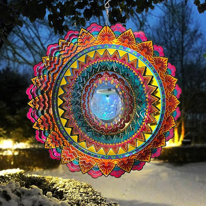 FONMY Solar Wind Spinner Mandala Flame 3D Stainless Steel Hanging Wind Spinners Worth Gift Christmas Decoration Indoor/Outdoor Garden Décor Kinetic Yard Art 12 Inches Multi Red Wind Sculpture