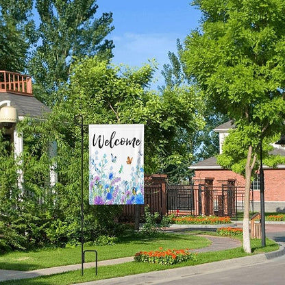 Welcome Garden Flag 28 X 40 In Outdoor Outside Floral Mini Summer Spring Blue Flower Butterfly Dragonfly Bird Yard House Flags Farmhouse Sign For Home Garden Decoration Banner