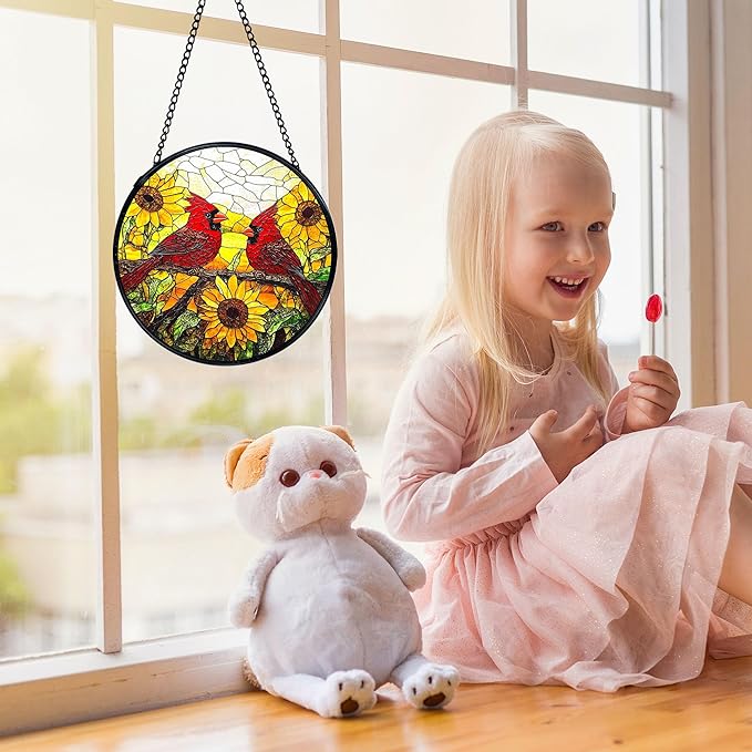 Sunflower Cardinal Suncatchers Stained Glass Window Hanging, Cardinal Gifts for Women, Sunflower Sun Catchers Indoor Window Glass Round Wall Decor, Flower Wall Hanging Decorations, 7.9x7.9in