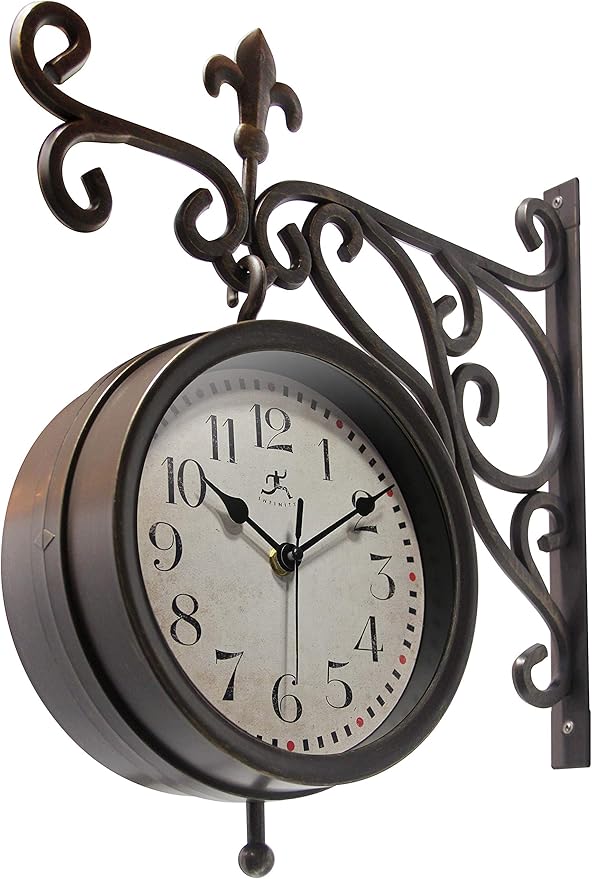 Infinity Instruments Beauregard 8 inch Outdoor Clock Thermometer Combo for Patio Porch Garden Outdoor Decorative Double-Sided Resin Clock Thermometer Wall Hanging with Bracket