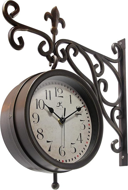 Infinity Instruments Beauregard 8 inch Outdoor Clock Thermometer Combo for Patio Porch Garden Outdoor Decorative Double-Sided Resin Clock Thermometer Wall Hanging with Bracket