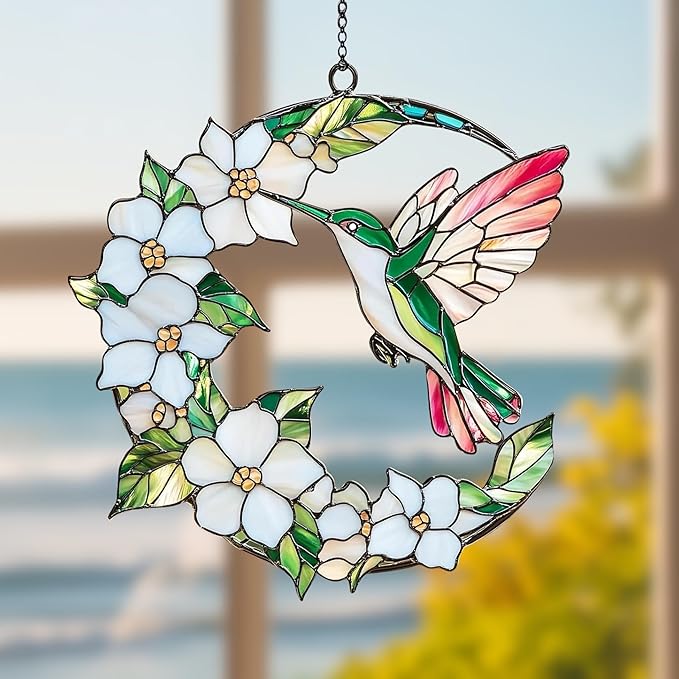 Hummingbird Crescent Moon Acrylic Suncatcher, Hummingbird Window Hanging Ornaments, Stained Glass Effect Garden Decor, Gift for Mother's Day, Mom, Grandma, Wife, Women