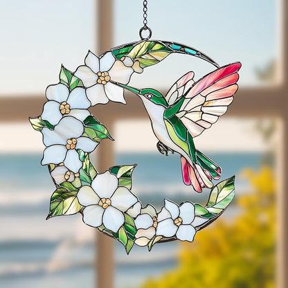 Hummingbird Crescent Moon Acrylic Suncatcher, Hummingbird Window Hanging Ornaments, Stained Glass Effect Garden Decor, Gift for Mother's Day, Mom, Grandma, Wife, Women