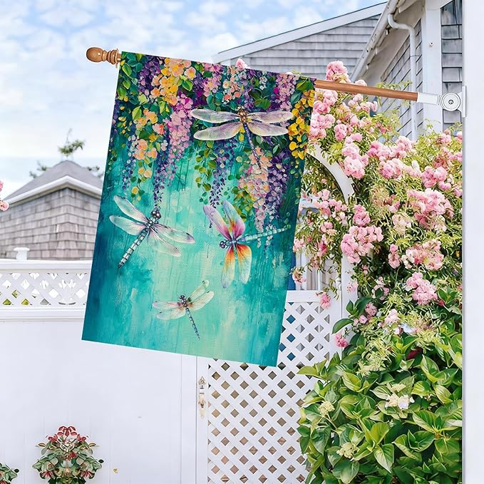 Baccessor Spring Summer Floral House Flag Double Sided 28x40 Inch Burlap,Wisteria Dragonfly Flowers Welcome Large Garden Flag Porch Patio Front Yard Seasonal Farmhouse Outside Outdoor Decor