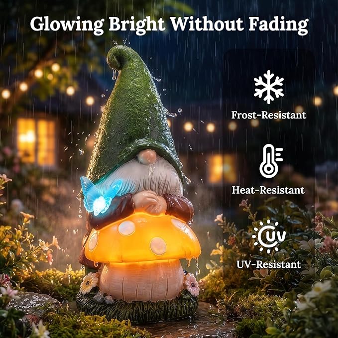 MXwcy Solar Garden Gnomes Statues, 9.06" Resin Gnomes Mushroom Butterfly Garden Decor, Solar Lights Outdoor Waterproof LED Gnomes Decorations for Yard Patio Lawn, Gnome Gifts for Women Mom Grandma