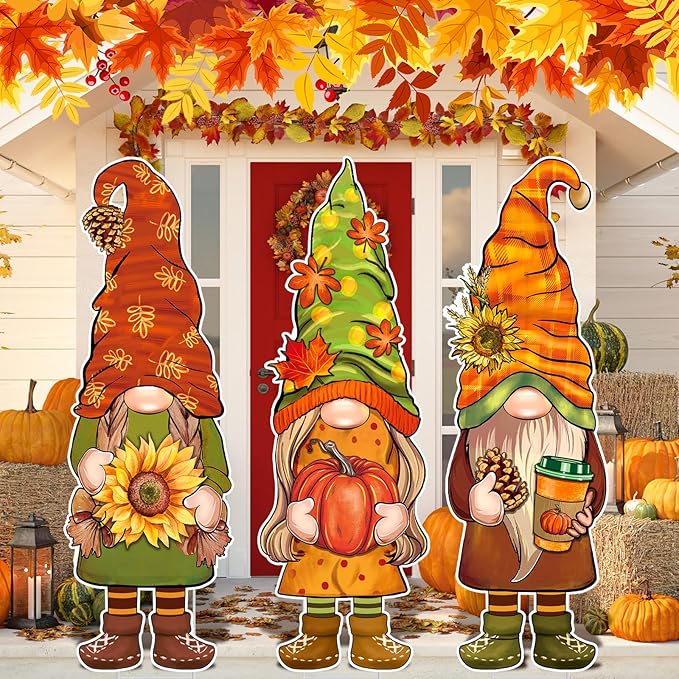 Umigy 3 Pcs Thanksgiving Yard Decor Cute Fall Autumn Gnome Yard Sign with Stakes 32 x 10 Inch Gnome Outdoor Lawn Decor, Outside Thanksgiving Garden Decoration for Home Pathway Walkway