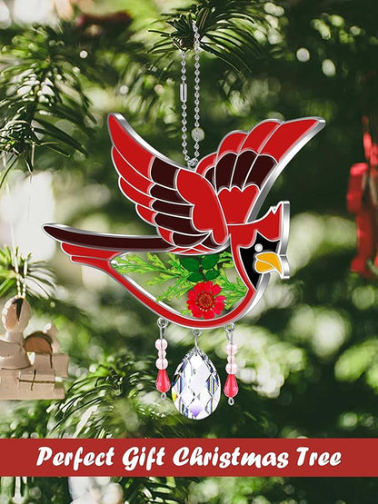 KY&BOSAM Crystal Cardinal SuncatcherStained Glass Hand Painted Color Sun Catcher for Windows Hangings Ornament with Pressed Flower and Heart Charm Gifts for Mom Mothers Day Birthday Christmas Decor