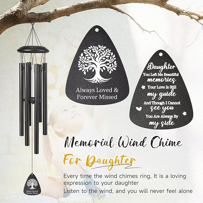 Memorial Gifts for Loss of Daughter, 25''Memorial Wind Chimes of Sympathy Gifts for Loss of Daughter,Condolence/Bereavement/Remembrance Gift,Windchimes in Memory,Funeral Decor for Garden Outside,Black