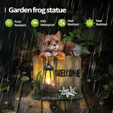 Solar Fox Garden Statue with Hanging Lantern Light, Resin Outdoor Welcome Sign Decor, Waterproof Solar Powered Garden Decoration for Yard, Lawn, Patio, 10.6"