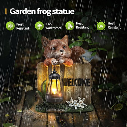 Solar Fox Garden Statue with Hanging Lantern Light, Resin Outdoor Welcome Sign Decor, Waterproof Solar Powered Garden Decoration for Yard, Lawn, Patio, 10.6"