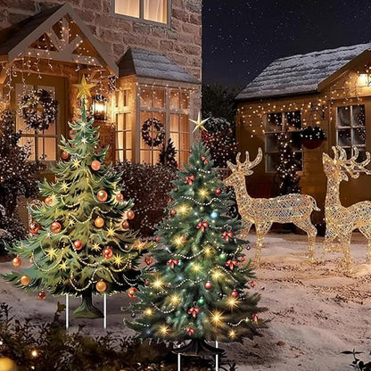 Geelin 2 Pcs Large Christmas Tree Sign Yard with Stake 2.62 ft Vintage Patio Lawn Decoration Outdoor Christmas Party Favor Ornament Garden Sign for Party Supplies(Vintage Tree)