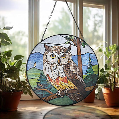 6" Owl Stained Glass Suncatchers Art Glass Owls for Sun Catcher Indoor Window Gifts for Pet Animal Nature Floral Lovers Women Grandma Mom Friend Painted Panel Décor BIRD-07B-SG6
